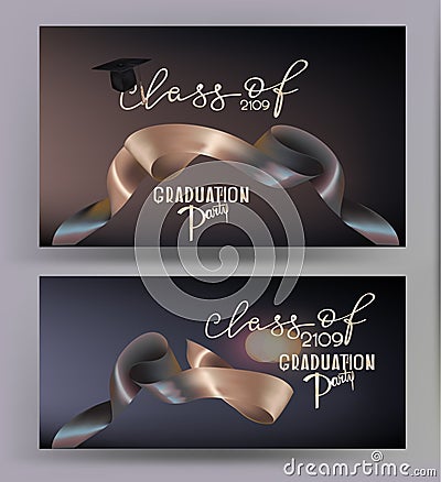 Graduation party elegant banners with two colored levitating ribbons. Vector Illustration